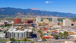 Downtown Colorado Springs, Colo. with Pikes Peak in the background Downtown Colorado Springs, Colo. with Pikes Peak in the background