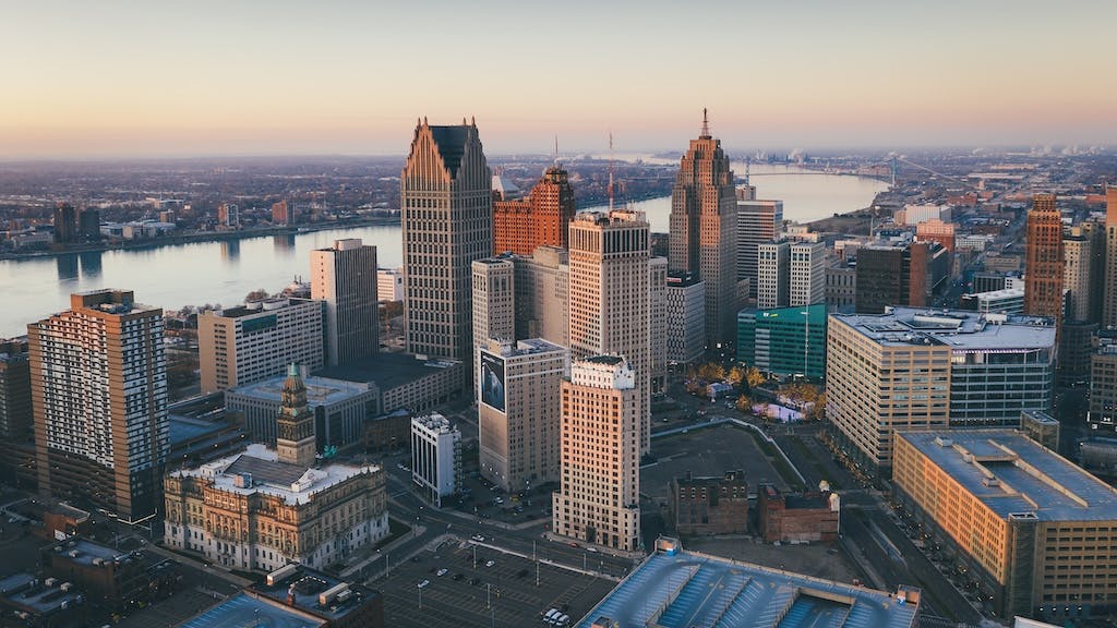 Detroit city skyline at sunset