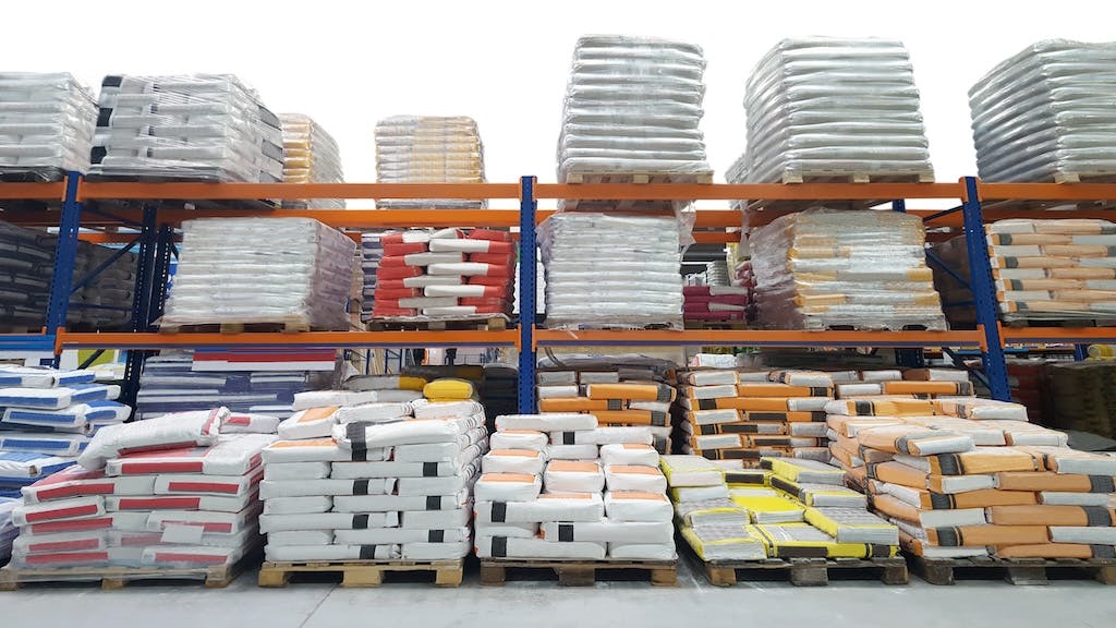 A warehouse with various construction materials and products