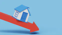 Home sales downward trend shows model of house on down-facing red arrow Home sales downward trend shows model of house on down-facing red arrow