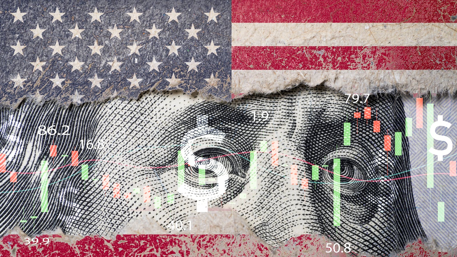 Closeup of Benjamin Franklin's face on a U.S. banknote with stock market chart graph and part of the U.S. flag