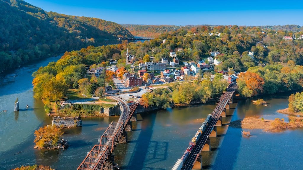 Aerial view of Harpers Ferry, West Virginia, where the Potomac and Shenandoah rivers meet