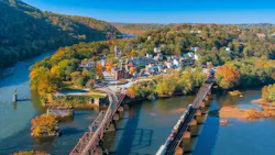 Aerial view of Harpers Ferry, West Virginia, where the Potomac and Shenandoah rivers meet Aerial view of Harpers Ferry, West Virginia, where the Potomac and Shenandoah rivers meet