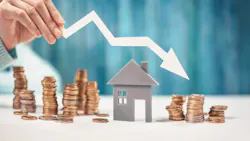 Coins stacked around a model home with an arrow pointing downward indicate decreased home prices. Coins stacked around a model home with an arrow pointing downward indicate decreased home prices.