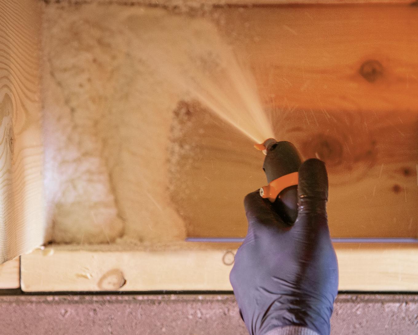 DAP's Wall and Cavity Foam single-component spray foam being sprayed onto a wall