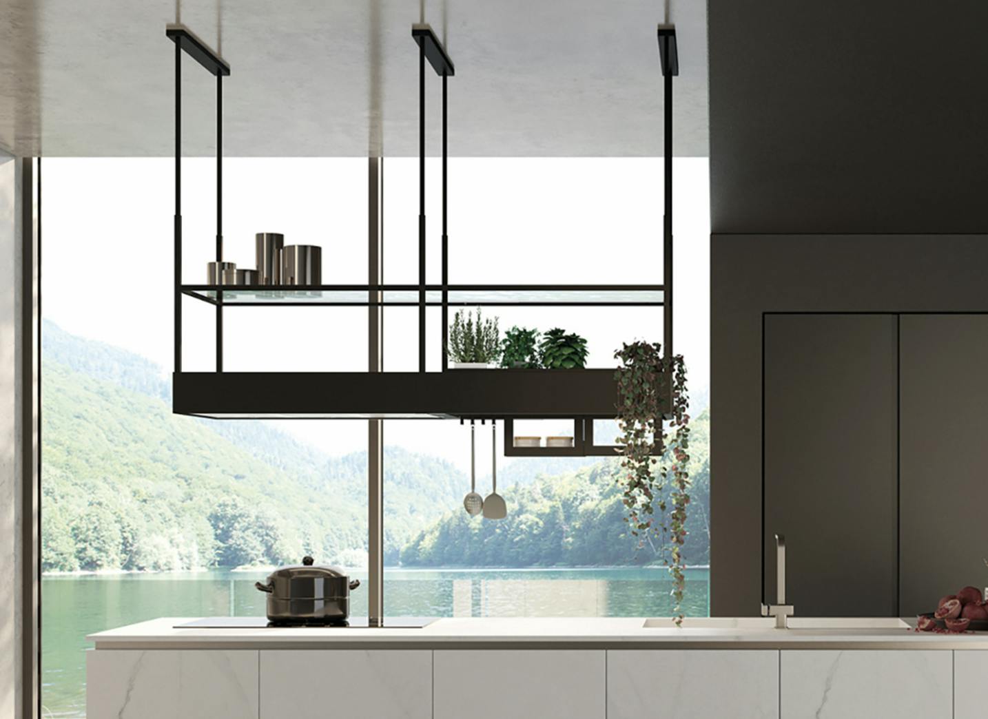 The Spazio Range Hood from Falmec's Circle.Tech collection installed in a kitchen