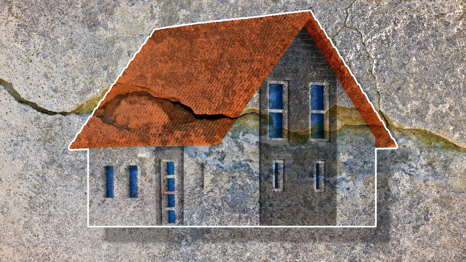 House image overlaid on crack in a concrete wall to represent distorted home price patterns