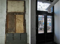 Before and after images of the A & Indiana adaptive reuse project's entryway Before and after images of the A & Indiana adaptive reuse project's entryway