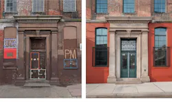 Before and after images of the A & Indiana adaptive reuse project's entryway as seen from the street Before and after images of the A & Indiana adaptive reuse project's entryway as seen from the street