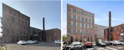 Before and after images of the exterior of the A & Indiana warehouse adaptive reuse project Before and after images of the exterior of the A & Indiana warehouse adaptive reuse project