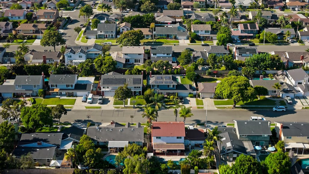 Aerial view of single-family suburban homes.