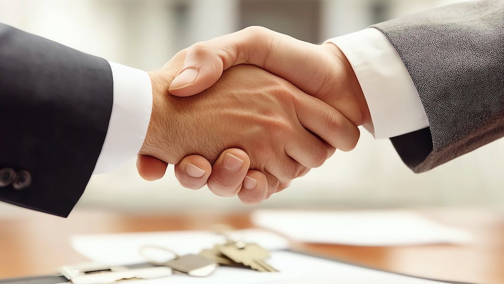 Two businessmen shaking hands on a deal represents the acquisition of Azek by James Hardie.