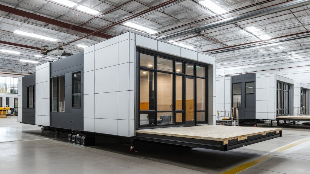 Modular homes being constructed in a factory to help address the housing shortage.