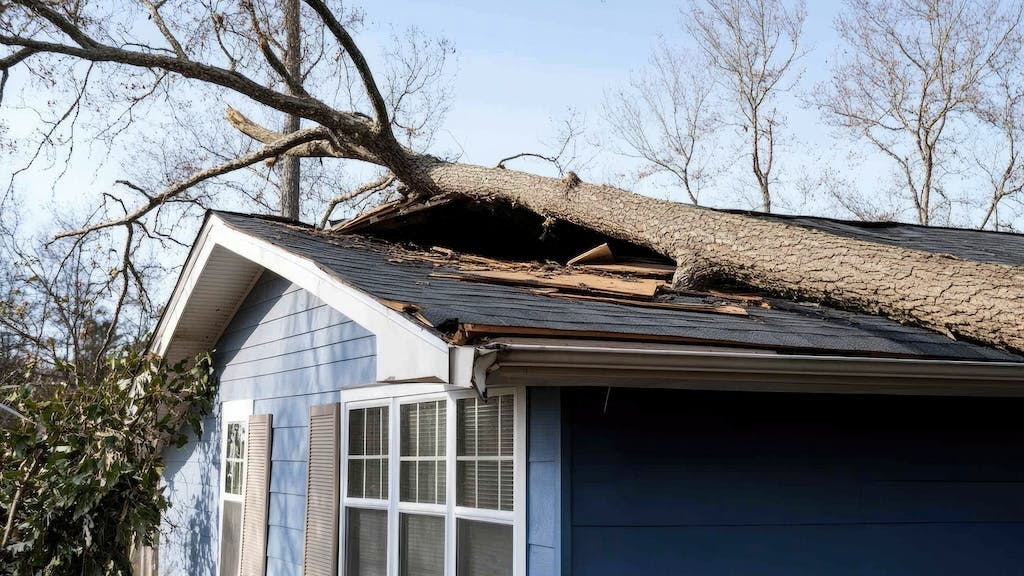 A tree on top of the roof of a home after a tornado, as the U.S. sees an increase in extreme weather events and homeowners worry about their insurance coverage.