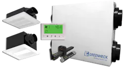 Greenheck's simple and affordable indoor air quality system combines a Greenheck SYNC180™ advanced energy recovery ventilator (ERV) with a Haven Central Air Monitor & Controller to automate activation of the ERV's high-speed setting when poor indoor air quality is detected. Individual bathroom fan units help with spot ventilation. Greenheck's simple and affordable indoor air quality system combines a Greenheck SYNC180™ advanced energy recovery ventilator (ERV) with a Haven Central Air Monitor & Controller to automate activation of the ERV's high-speed setting when poor indoor air quality is detected. Individual bathroom fan units help with spot ventilation.