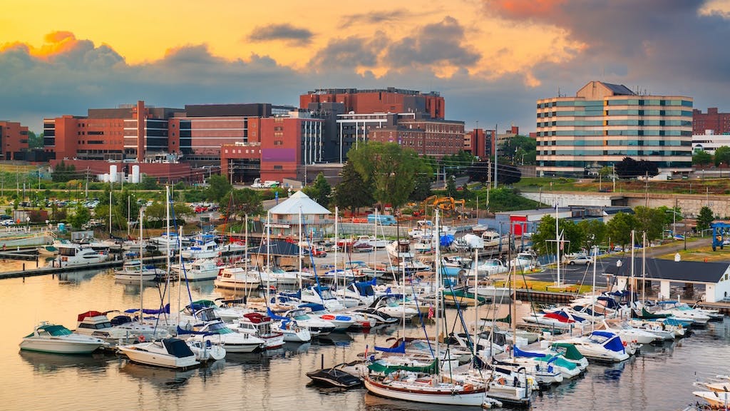Erie, Pa., skyline at sunset