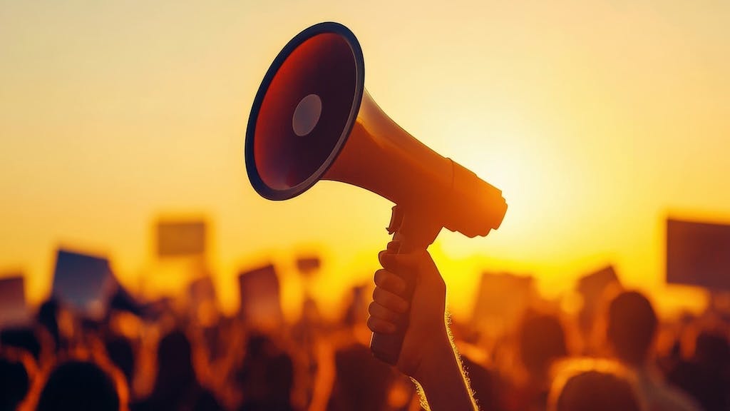 Hand holding up megaphone, symbolizing advocacy