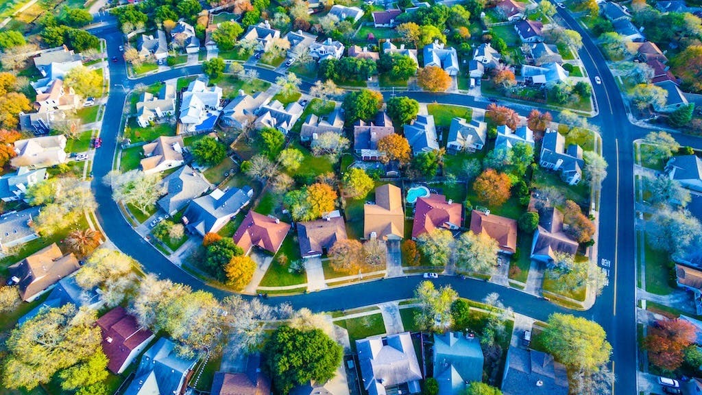 Aerial view of suburban neighborhood
