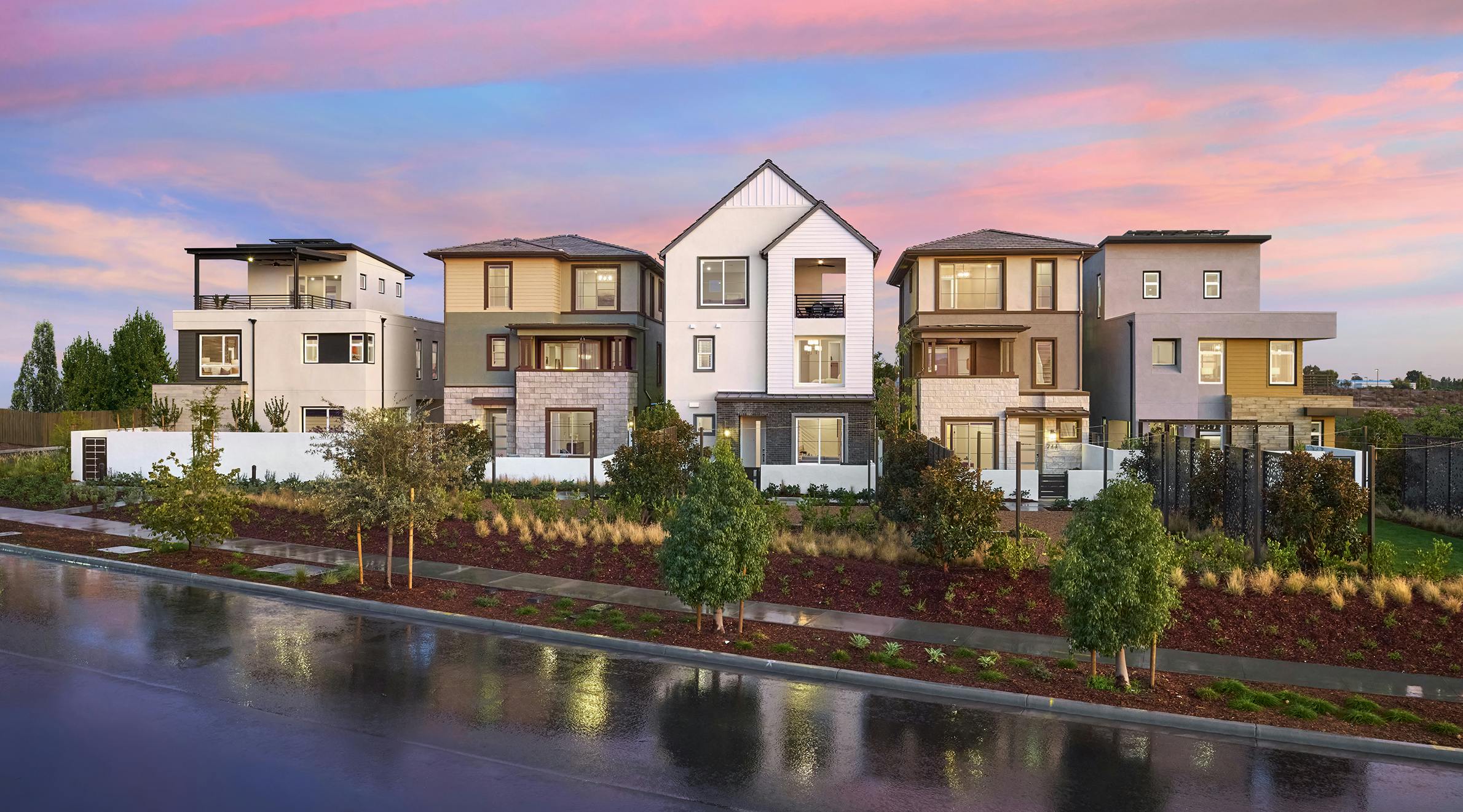 High-density single-family detached homes at L'Aube at Solis Park by Trumark Homes in Irvine, Calif., demonstrate the variety of massing, articulation, and layout that builders can achieve on deep, narrow footprints without the constraint of shared walls.