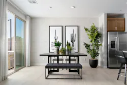 For the dining room at Southridge Pointe by Tri Pointe Homes and WHA in Las Vegas, Pacific Dimensions added subtle texture to one wall, a relatively low-cost yet memorable accent. For the dining room at Southridge Pointe by Tri Pointe Homes and WHA in Las Vegas, Pacific Dimensions added subtle texture to one wall, a relatively low-cost yet memorable accent.