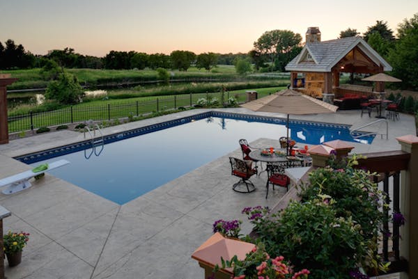 View across from the house out across the pool to the lake beyond.