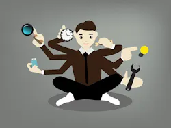 Seated man with with 6 arms each juggling a different task Seated man with with 6 arms each juggling a different task