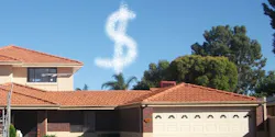 dollar sign floating over roofs to indicate increased home improvement spending dollar sign floating over roofs to indicate increased home improvement spending