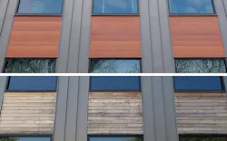 Horizontal side by side comparison of three sections of a building façade with windows above and below, top image shows warm orange metal wood panels have replaced the bottom image original warped and water damaged wood siding. Horizontal side by side comparison of three sections of a building façade with windows above and below, top image shows warm orange metal wood panels have replaced the bottom image original warped and water damaged wood siding.