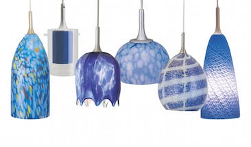 A sampling of Nora Lighting's wide variety of blue-glass pendant styles.