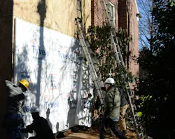 House wrap installation begins at the bottom. Tall rolls make smoothing the membrane easier, but they become unwieldy when climbing ladders. Upper courses are cut in advance and stretched corner to corner before nailing or stapling off. House wrap installation begins at the bottom. Tall rolls make smoothing the membrane easier, but they become unwieldy when climbing ladders. Upper courses are cut in advance and stretched corner to corner before nailing or stapling off.