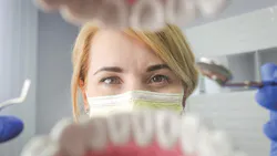 a dental hygienist looking into a patient's mouth a dental hygienist looking into a patient's mouth