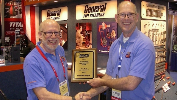 General Pipe Cleanersrsquo Marty Silverman left presents Outstanding Performance Award to manufacturersrsquo rep Rick Beal of Pasadena Califbased Beal Enterprises Photo by Michael Roth RER