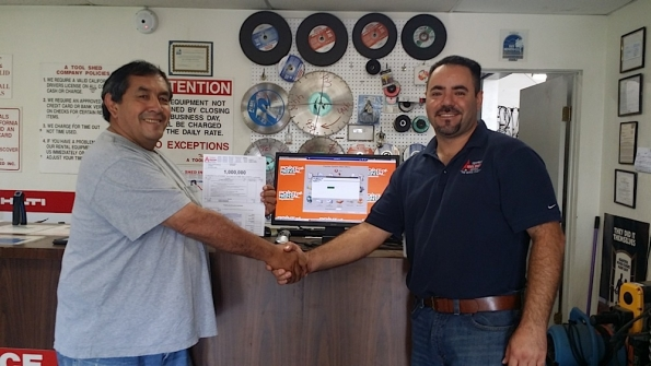 A Tool Shedrsquos Hollister Calif branch manager Alfredo Ramirez right congratulates a customer on winning a free rental as the onemillionth rental contract written on PointofRental Systems software