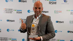 Ben Maes Riwal39s commercial manager for Belgium accepts the trophy at the European Business Awards in Warsaw Poland Ben Maes Riwal39s commercial manager for Belgium accepts the trophy at the European Business Awards in Warsaw Poland