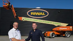 Poul Steiness left receiving his brand new 100percent electric boomlift handed over by Riwal equipment sales manager Nordics Jesper Becker Poul Steiness left receiving his brand new 100percent electric boomlift handed over by Riwal equipment sales manager Nordics Jesper Becker