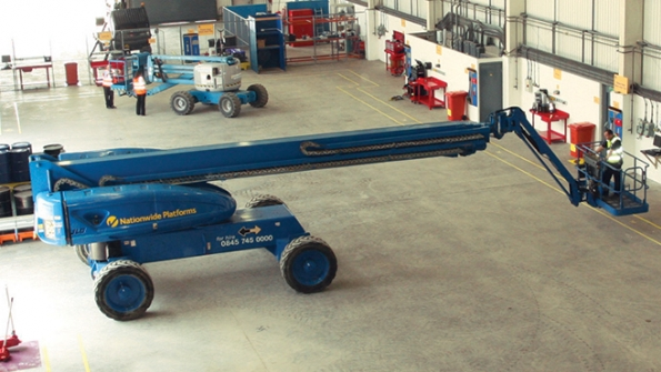A Nationwide Platforms mobile elevating work platform in the shop