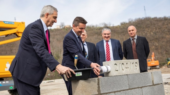 From left Alexandre Saubot Haulotte CEO Gaeumll Perdriau President of SaintEtienne Meacutetropole and Mayor of SaintEtienne Geacuterard Tardy mayor of the municipality of Lorette Patrice Meacutetairie COO industry of Haulotte and Thierry Milhaud architect laying the foundation for Haulottersquos new headquarters in France