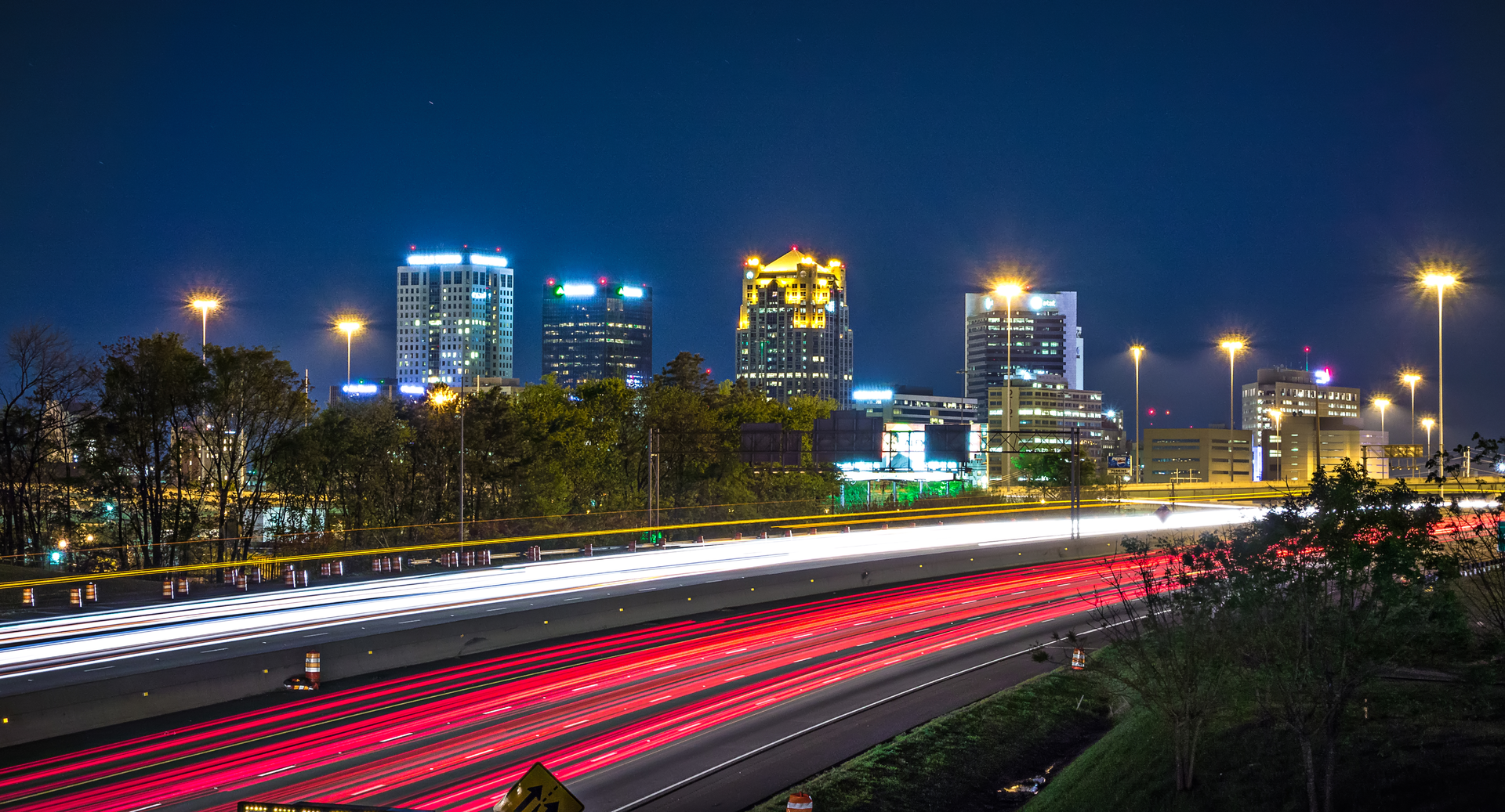 Birmingham, Alabama city skyline and highway traffic trails
