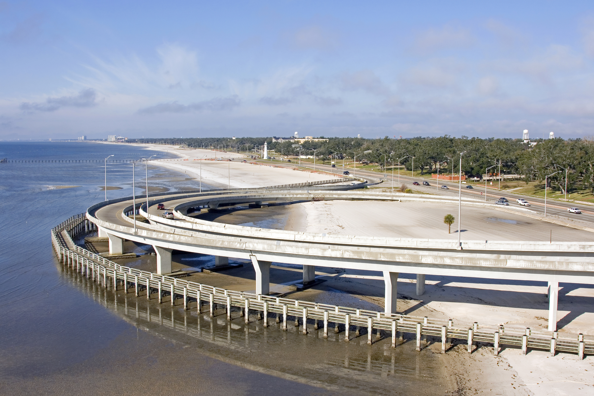 The ramp to the interstate highway 110 in Biloxi, Mississippi blocks the beach so a walkway was constructed after Hurricane Katrina.