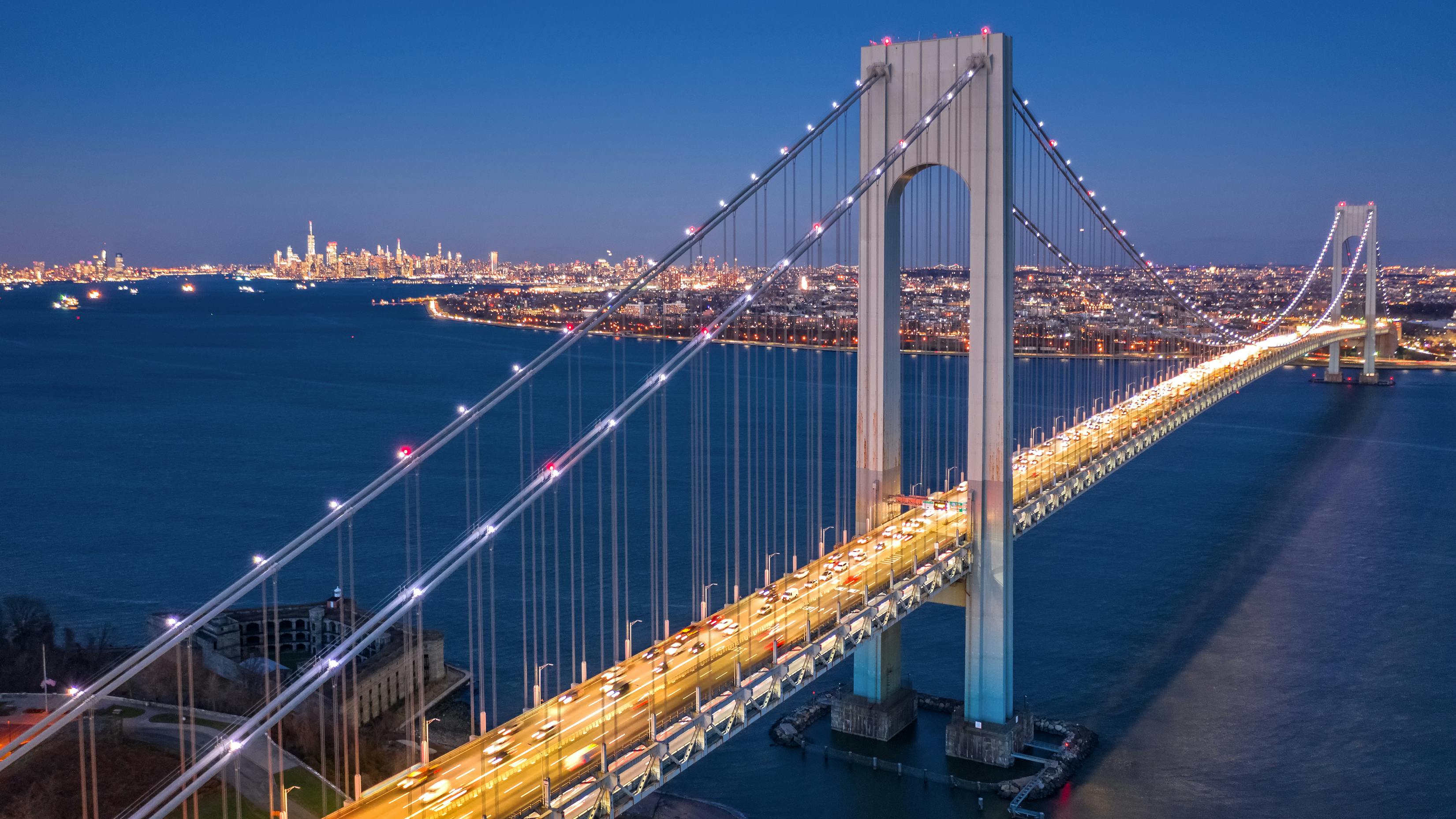 Aerial view of Verrazzano Narrows Bridge.