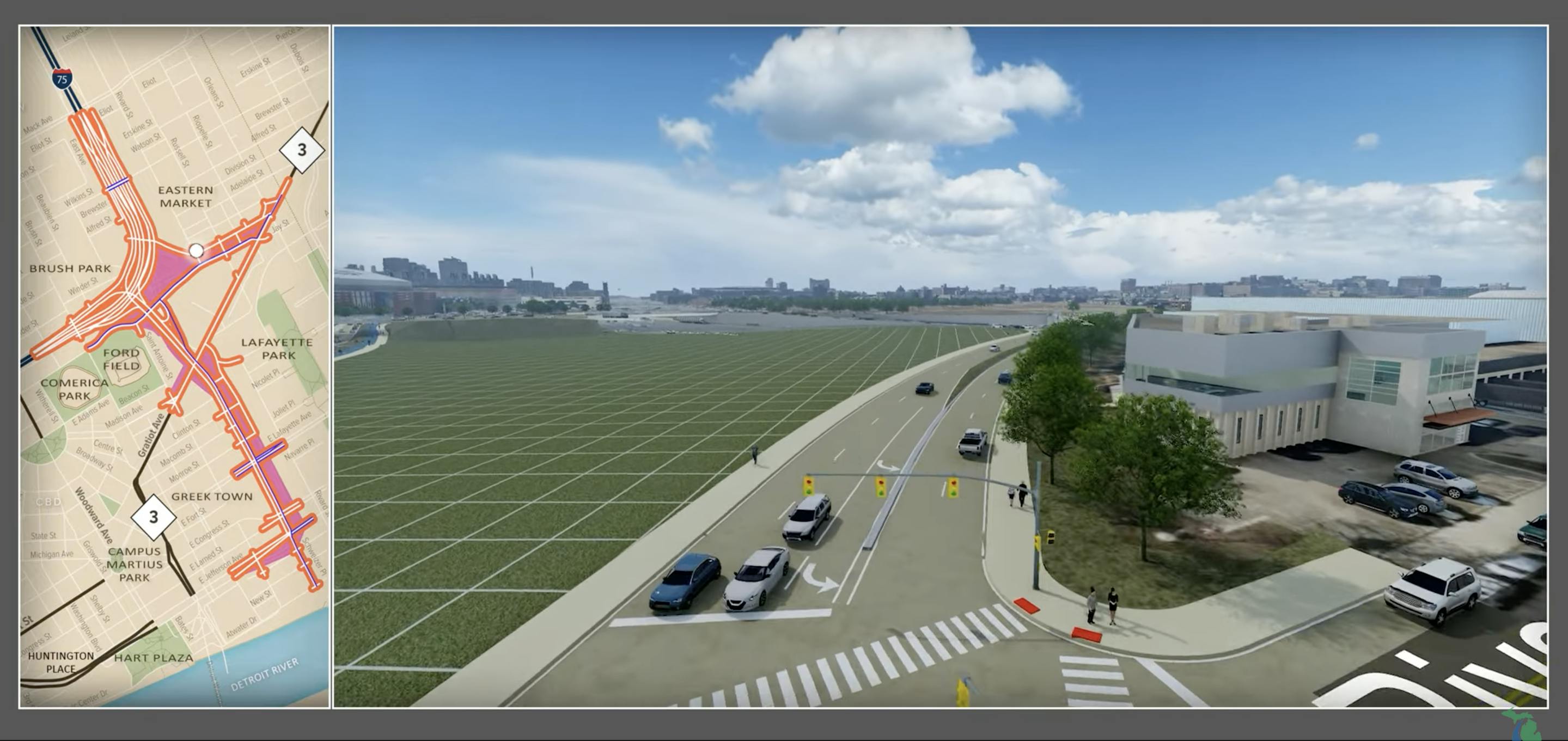 A screenshot of the Michigan Department of Transportation's concept video for the I-375 Reconnecting Communities Project.