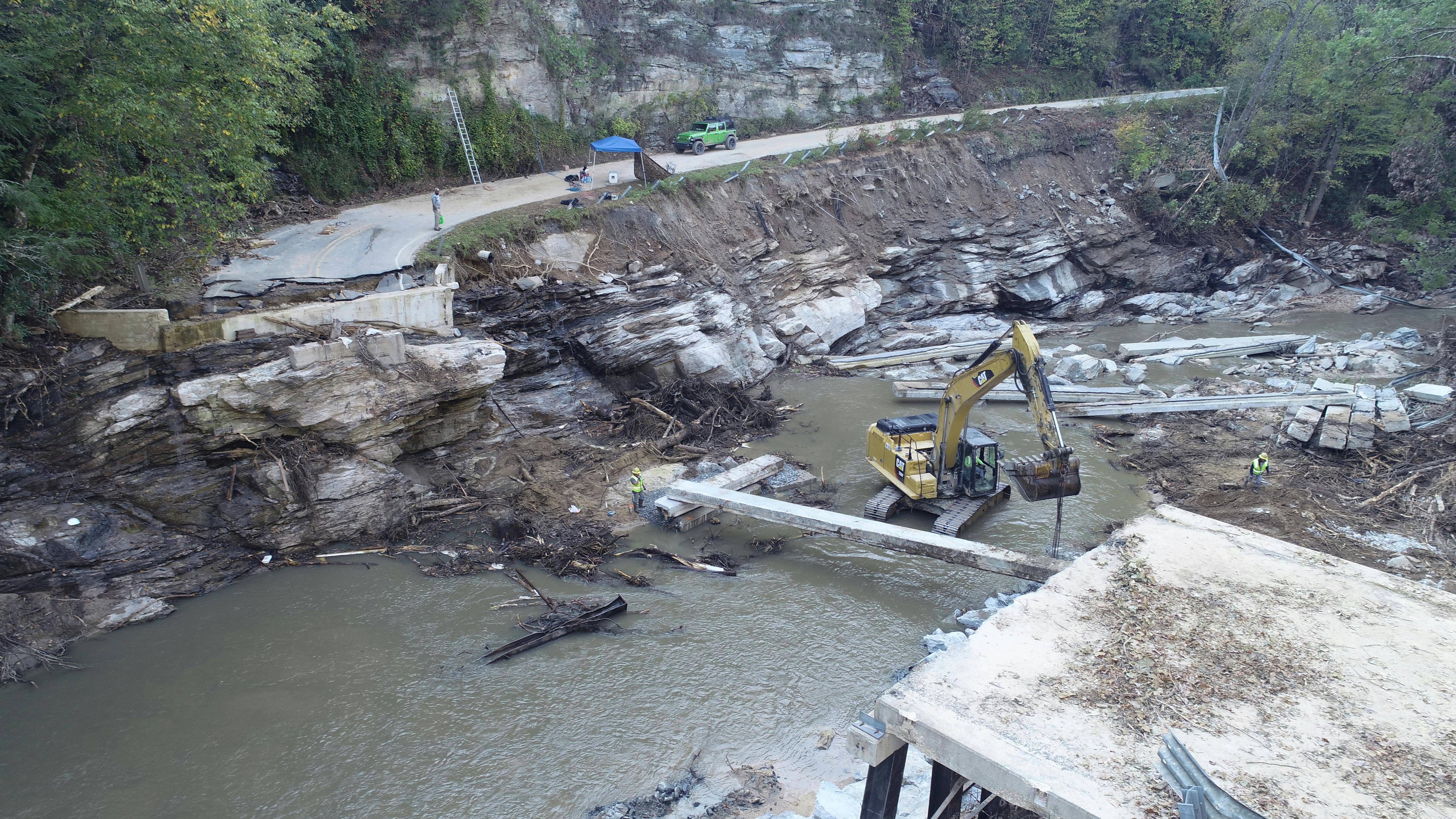 An example of the severe damage due to Helene involving a bridge washout.