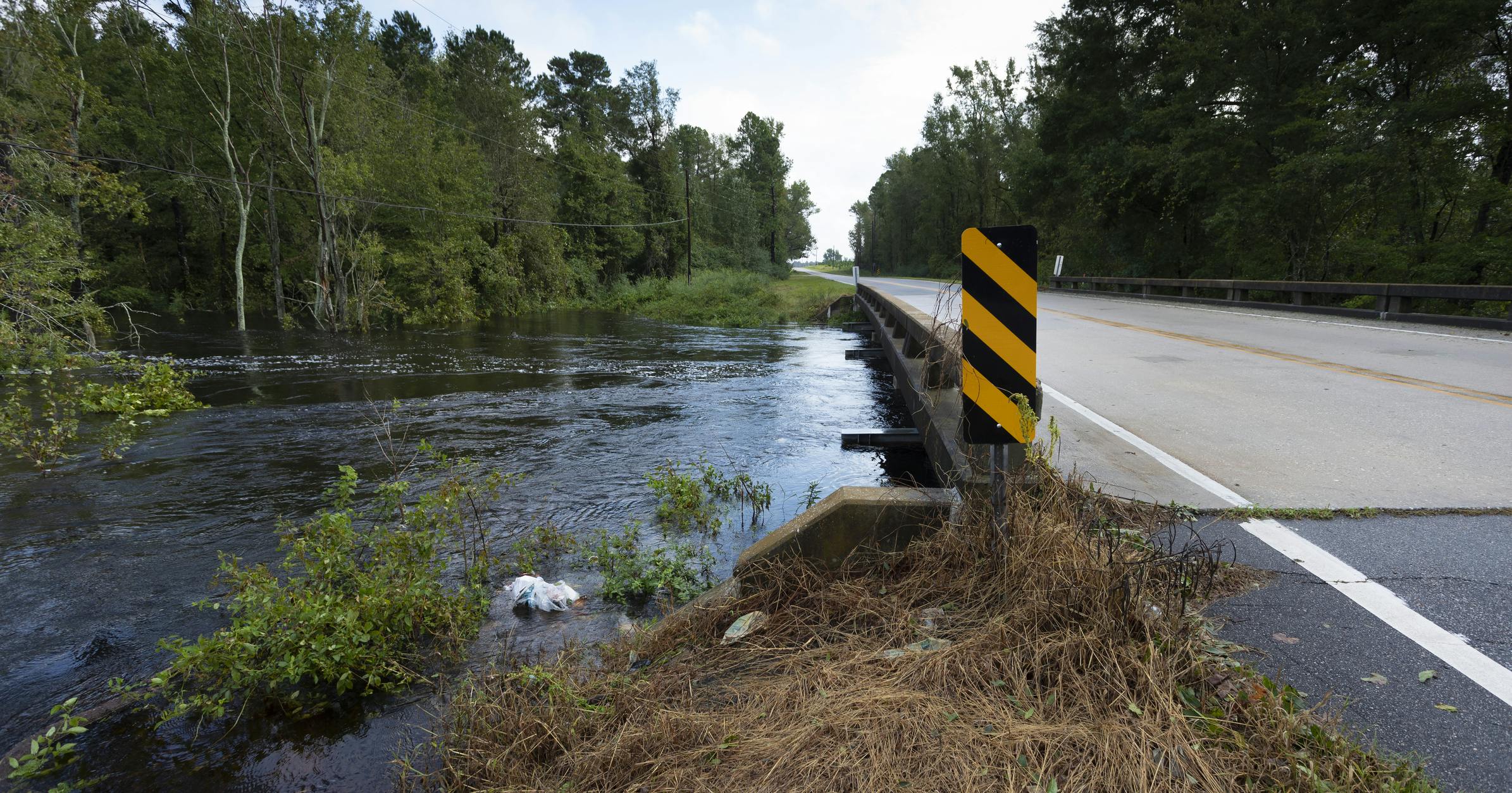 Water rising under a bridge after Hurricane Florence near Fayetteville, North Carolina in 2018.