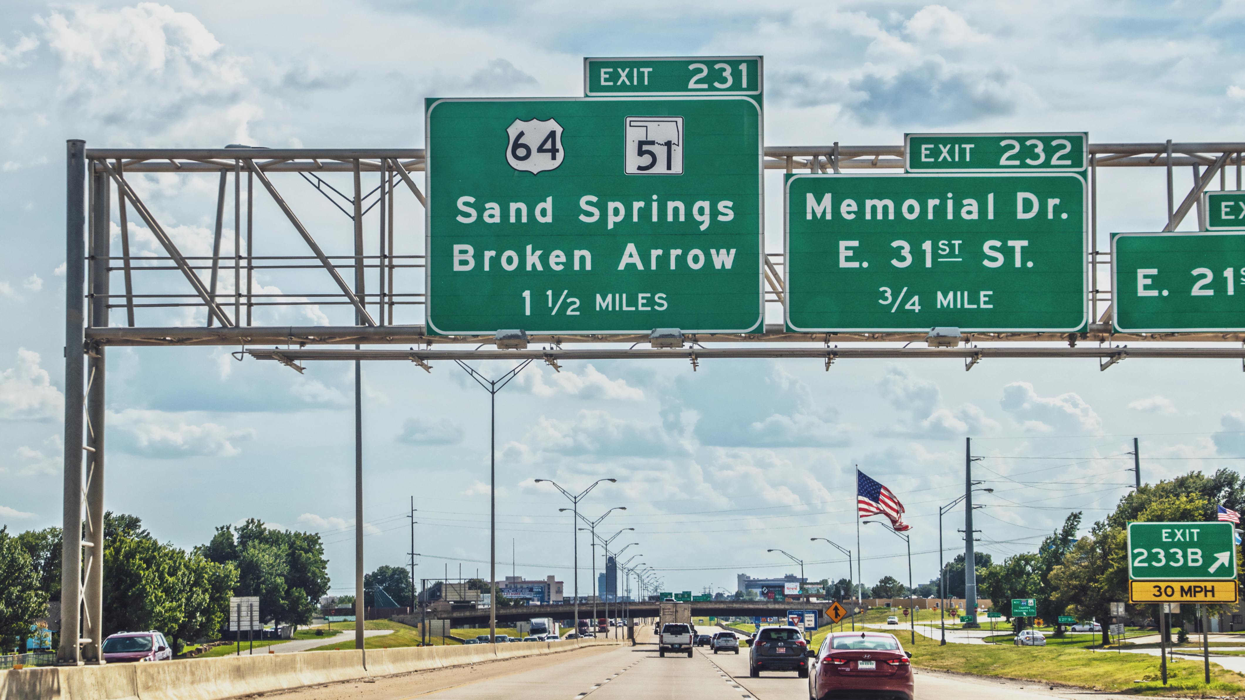 Interstate 44 in Tulsa, Oklahoma showing roadway exits to to various other highways in the state.