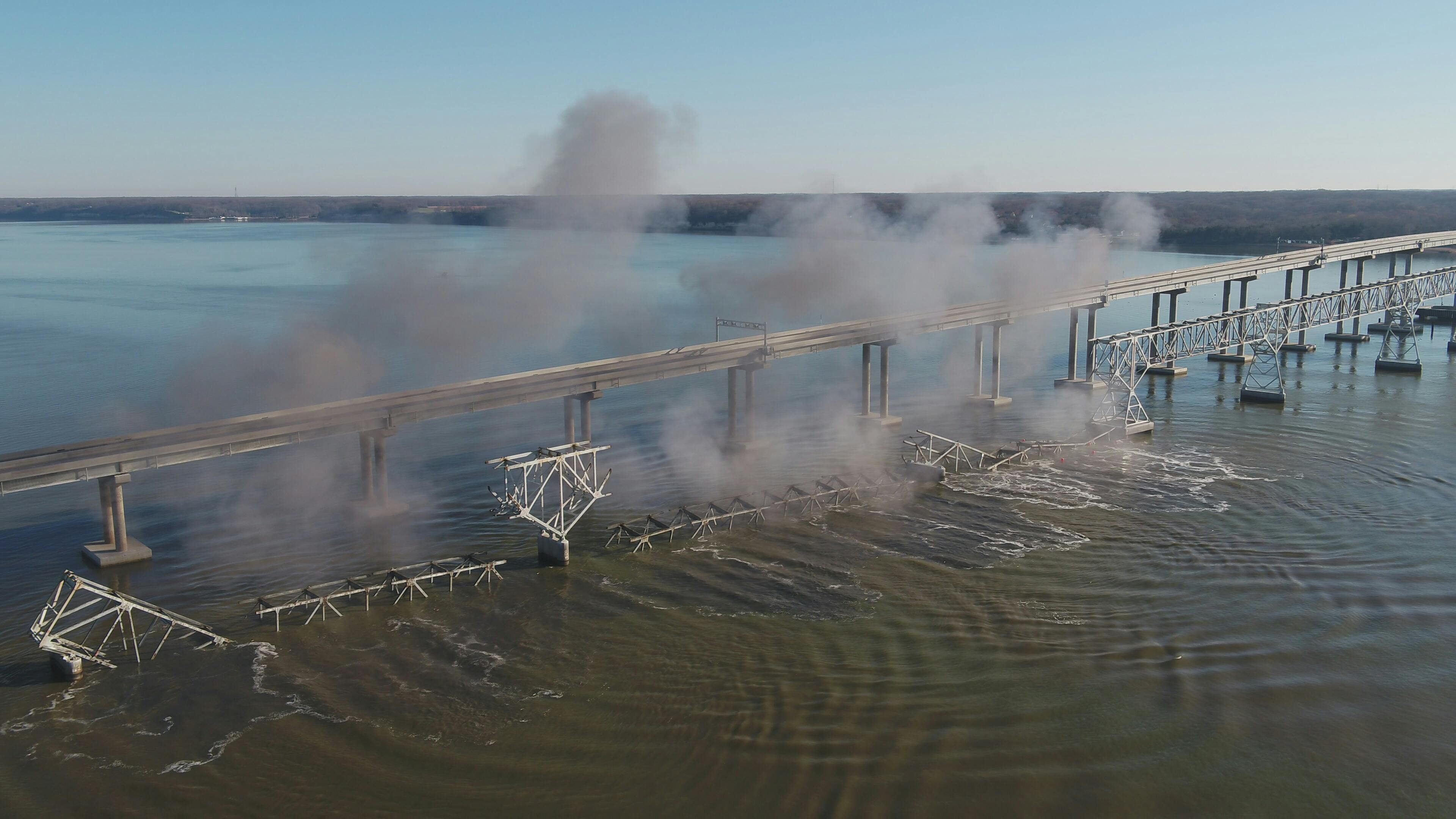 The former Gov. Harry W. Nice Memorial/Senator Thomas 'Mac' Middleton Bridge in Newburg, Md in the process of demolition.