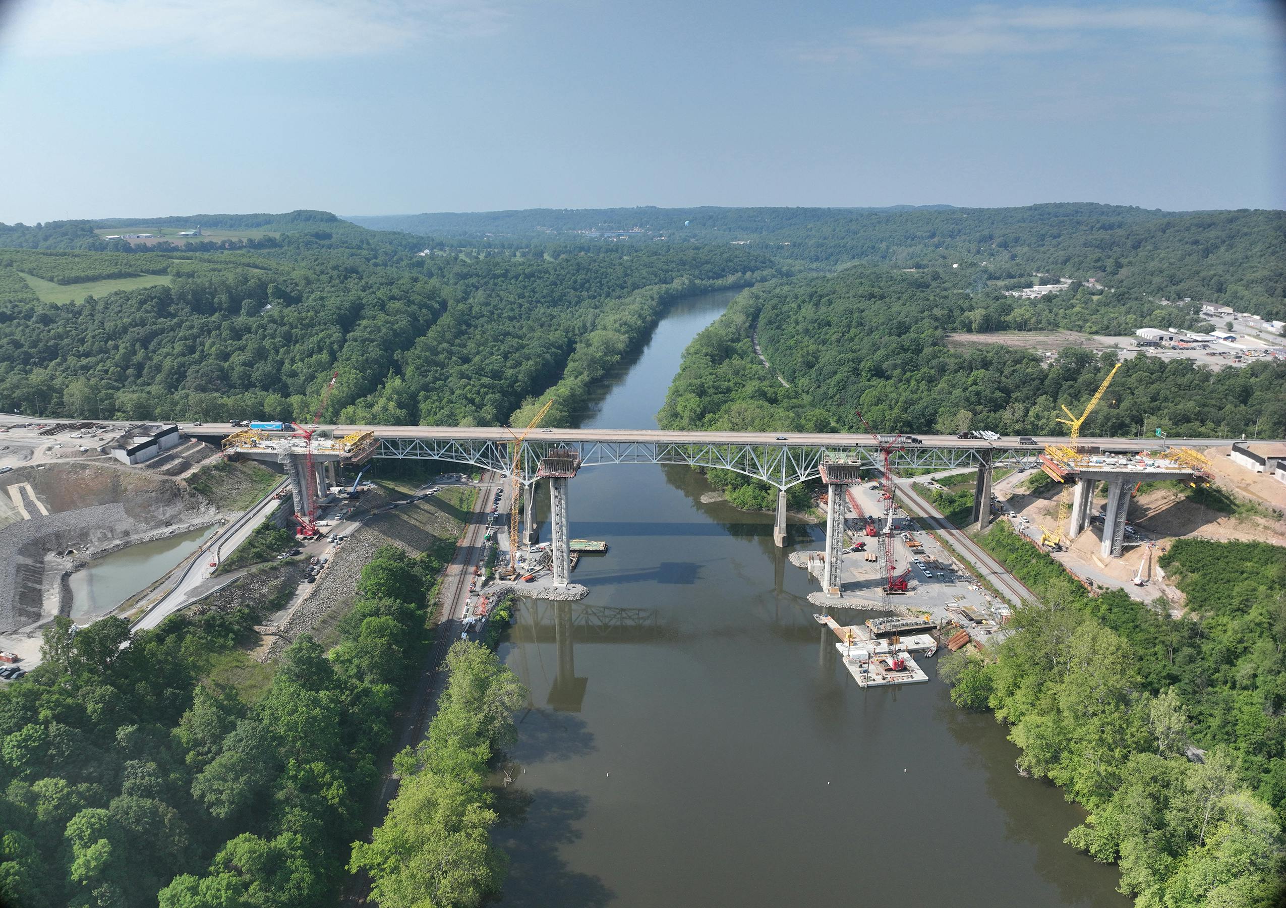 An aerial view of the Beaver River Bridge Project in Pennsylvania during construction.