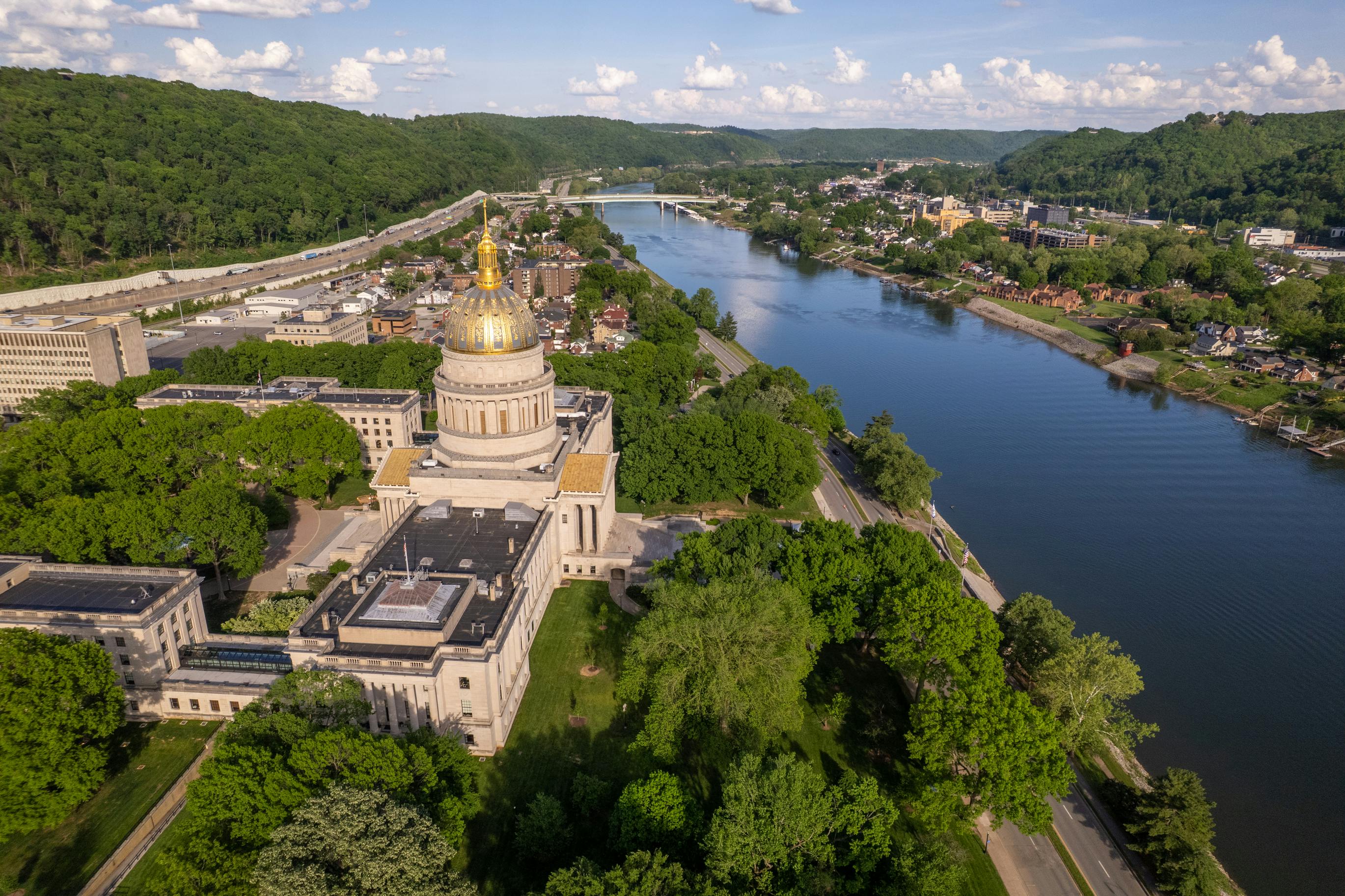 A view of the West Virginia State Capitol building in Charleston, W. Va., where it sits along the Kanawha River.