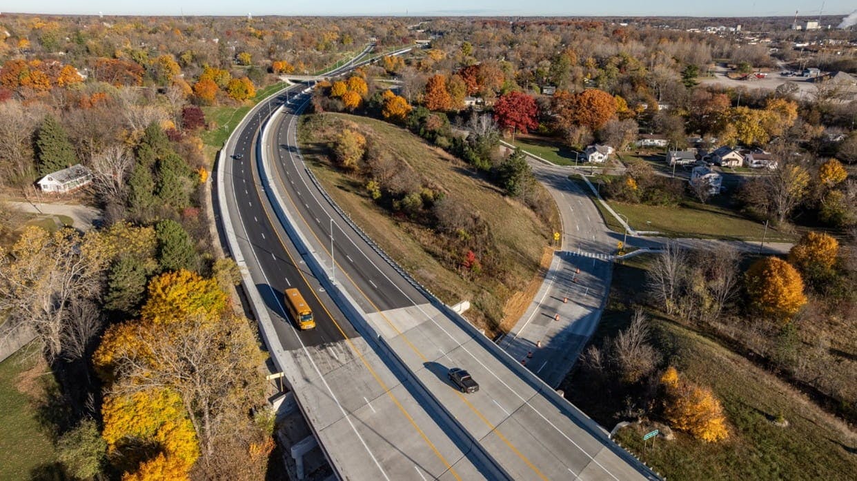 A aerial view of the newly rebuilt north segment of I-475 from Carpenter Road to the Flint River in Flint, Mich.
