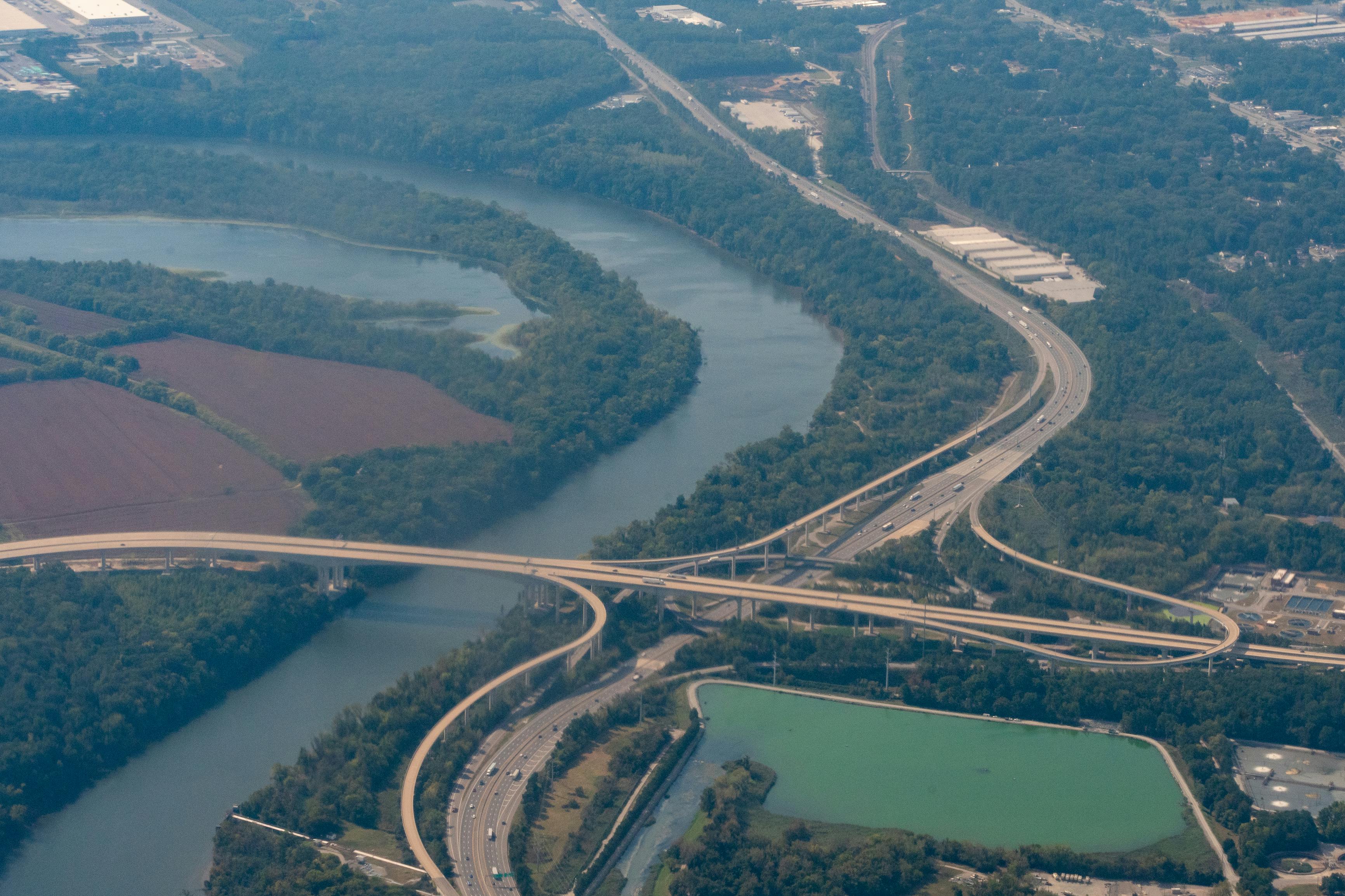 An aerial view of the James River, Interstate 95 and the Vietnam Veterans Memorial Bridge on Pocahontas Parkway in Chesterfield County, Va.