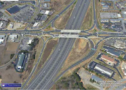 An aerial view of one of the reconstructed Diverging Diamond Interchange part of the I-40 Widening project in Raleigh, North Carolina. An aerial view of one of the reconstructed Diverging Diamond Interchange part of the I-40 Widening project in Raleigh, North Carolina.
